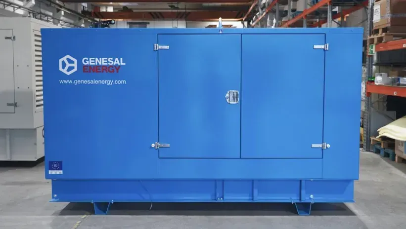Grupo electrógeno azul de Genesal Energy fabricado para planta de tratamiento de aguas en Lituania