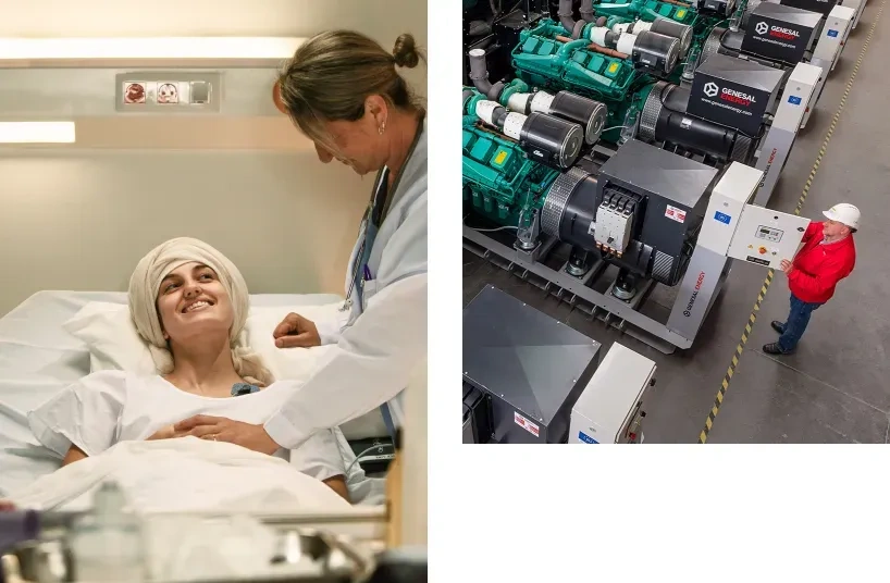 Paciente atendida en un hospital durante un apagón y técnico de Genesal Energy supervisando generadores para garantizar el suministro eléctrico en instalaciones críticas.