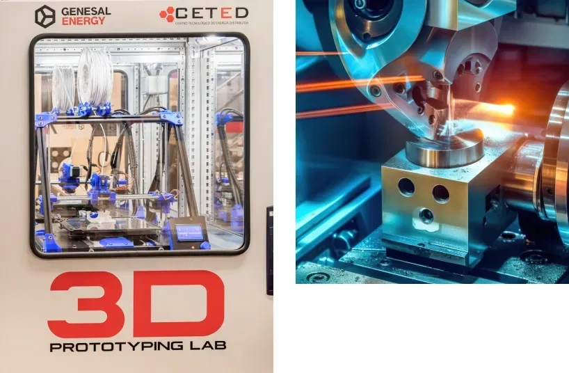 Laboratorio de prototipado 3D y proceso de mecanizado en fabricación industrial.