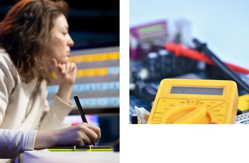 Profesional analizando consumos eléctricos en pantalla y herramientas de medición (kW y kVA).