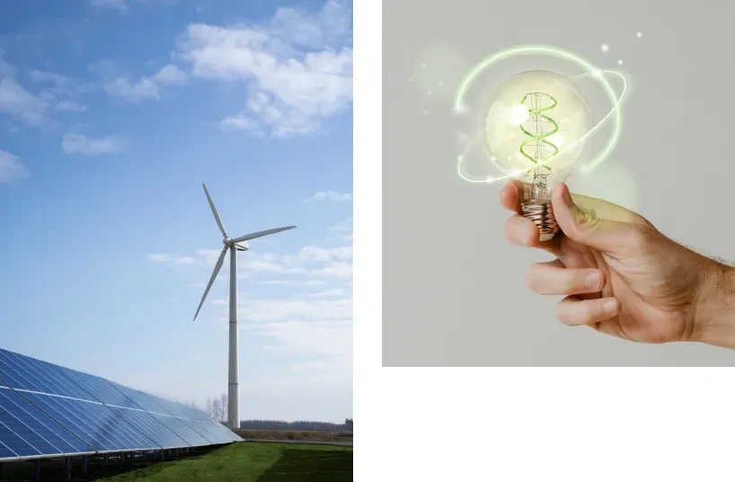 Paneles solares y aerogenerador junto a bombilla simbólica con ADN verde, representando la integración de energías renovables y tecnología en la generación eléctrica.