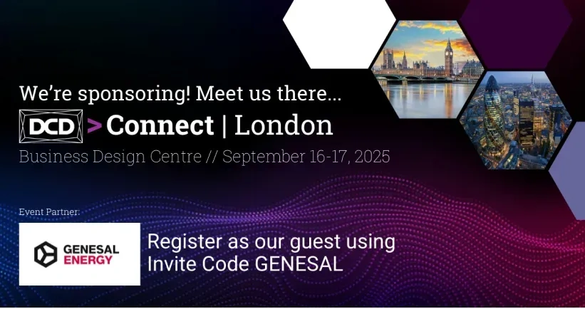 Banner de Genesal Energy como patrocinador en DCD Connect Londres 2025, con código de invitación GENESAL
