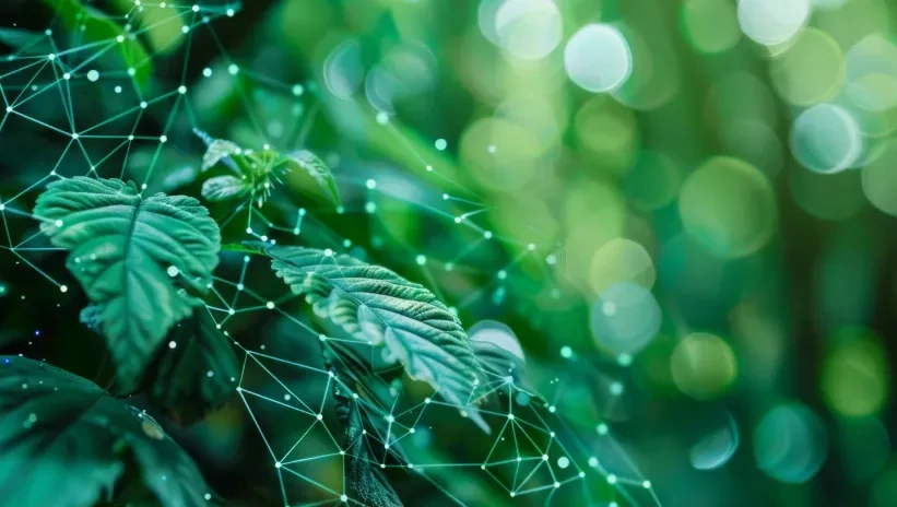 Concepto de tecnología ecológica con nodos superpuestos a hoja verde 