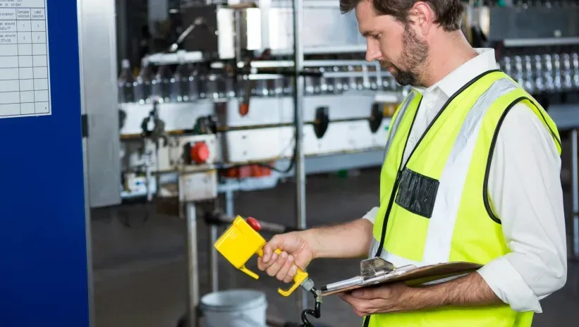 Técnico revisando maquinaria industrial y anotando consumos.