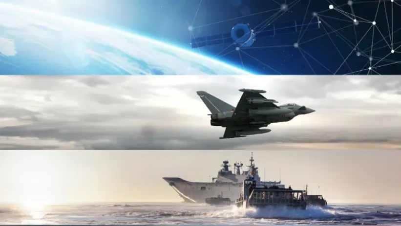 escenarios bélicos con satélite de comunicaciones, avión caza y embarcación de guerra