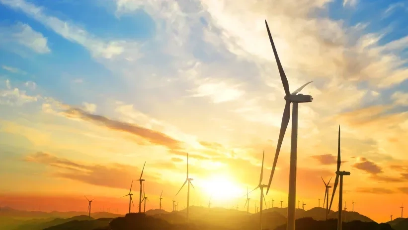 Parque eólico al atardecer, simbolizando la transición energética y la sostenibilidad en línea con los estándares de la Taxonomía Europea.