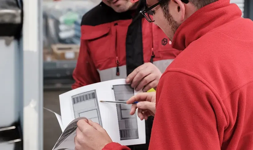 Técnicos analizando planos y detalles de un proyecto eléctrico en un entorno industrial