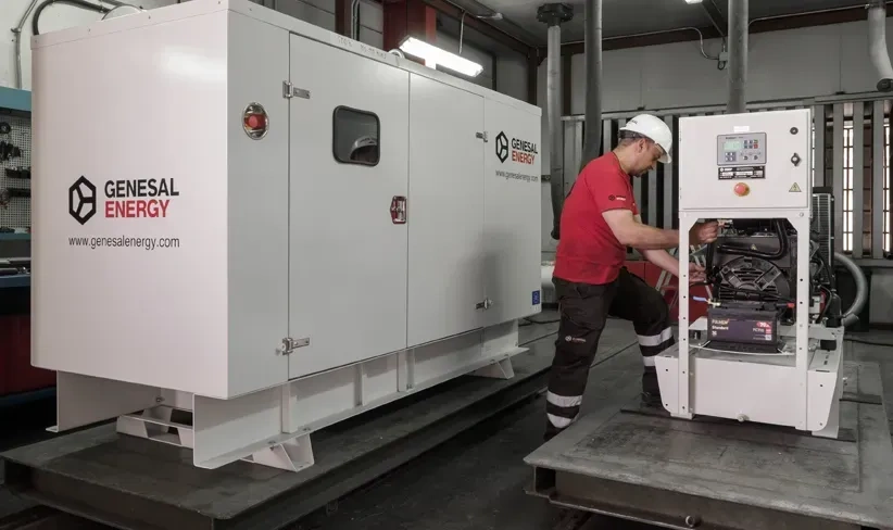 Técnico trabajando en la instalación de un grupo electrógeno industrial nuevo.