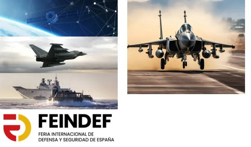 Images of air, naval, and space defense alongside the FEINDEF logo, the International Defense and Security Exhibition of Spain.