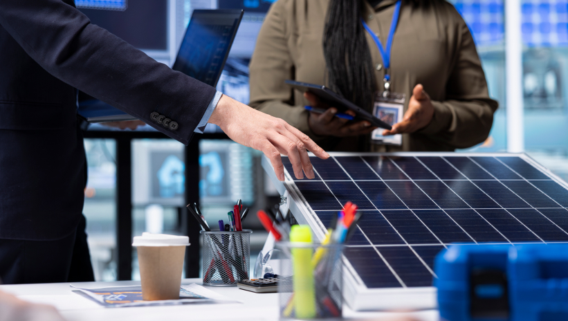 Profesional analizando consumos eléctricos en pantalla y herramientas de medición (kW y kVA)